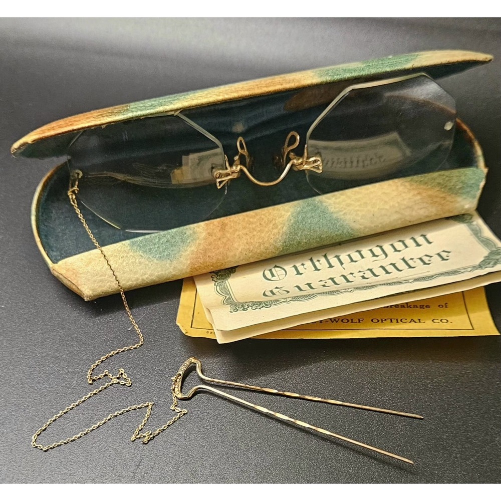 Antique B&L Gold Filled Eye Glasses With Hair Clip Chain In Original Case